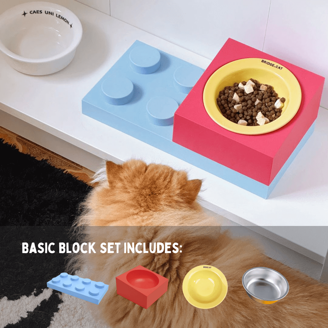 Lego Brick Playful Cat Elevated Feeding Station