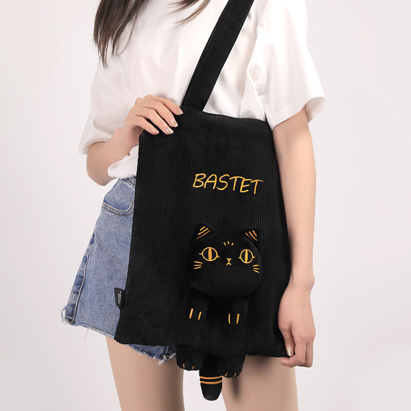Plush Bastet Black Cat Companion 3D Tote Bag Black Corduroy