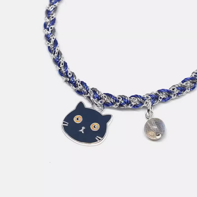 Blue Braided Cord Bracelet with Black cat Silver Cute Cat Charm