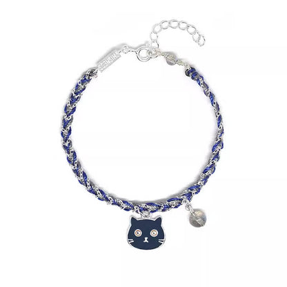 Blue Braided Cord Bracelet with Black cat Silver Cute Cat Charm