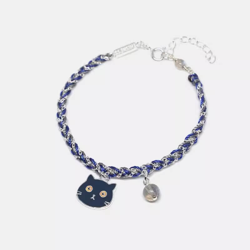 Blue Braided Cord Bracelet with Black cat Silver Cute Cat Charm