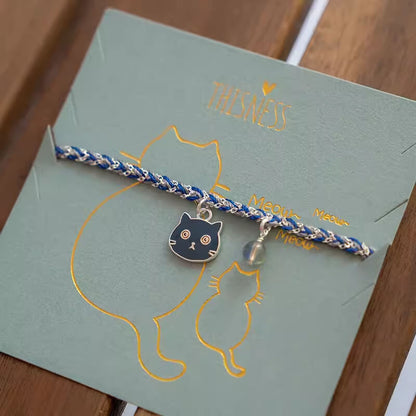 Blue Braided Cord Bracelet with Black cat Silver Cute Cat Charm