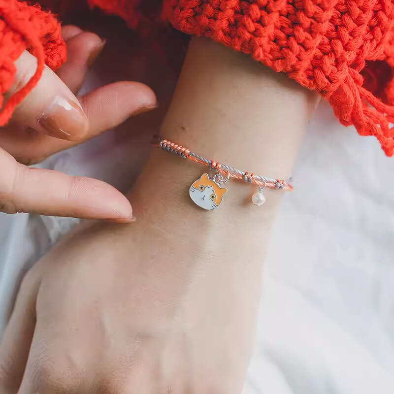 Orange Knotted Cord Bracelet with Ginger Cat Silver Cute Cat Charm