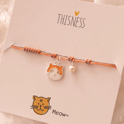 Orange Knotted Cord Bracelet with Ginger Cat Silver Cute Cat Charm