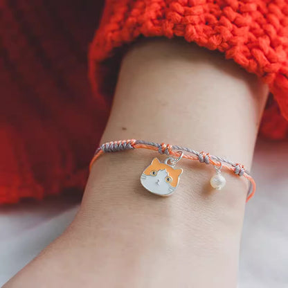 Orange Knotted Cord Bracelet with Ginger Cat Silver Cute Cat Charm