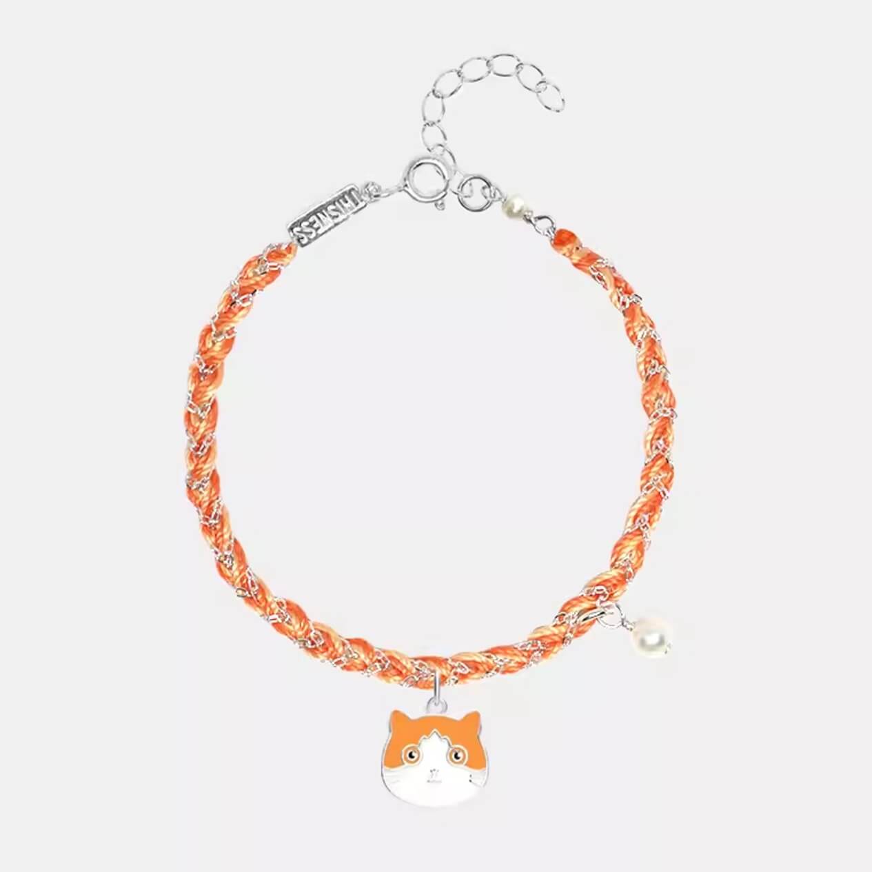 Orange Braided Cord Bracelet with Ginger cat Silver Cute Cat Charm