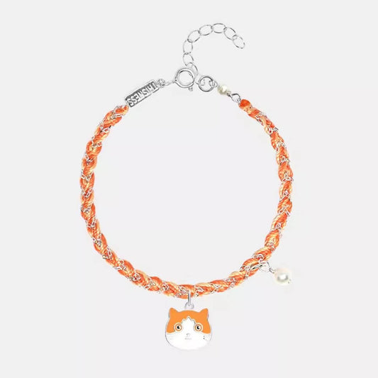 Orange Braided Cord Bracelet with Ginger cat Silver Cute Cat Charm