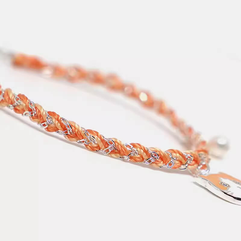 Orange Braided Cord Bracelet with Ginger cat Silver Cute Cat Charm