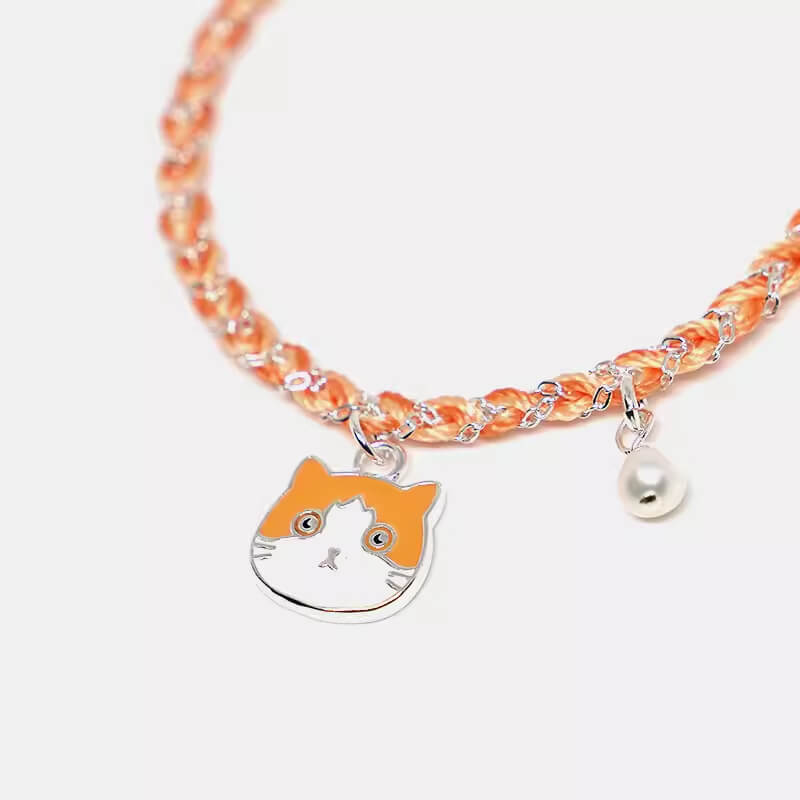 Orange Braided Cord Bracelet with Ginger cat Silver Cute Cat Charm