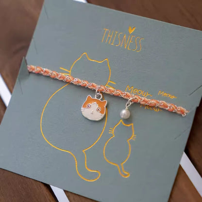 Orange Braided Cord Bracelet with Ginger cat Silver Cute Cat Charm