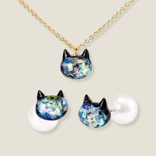 Osewaya Starlight Iridescent Cat Necklace & Earrings Set