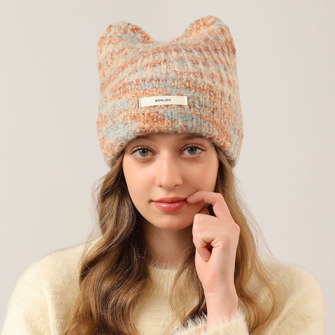Knitted Cat Ear Beanie – Purple, Orange, Beige, & Grey – Petites Paws