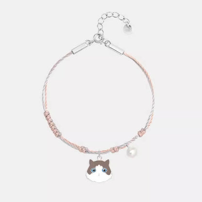 Pink Knotted Cord Bracelet with Ragdoll Silver Cute Cat Charm