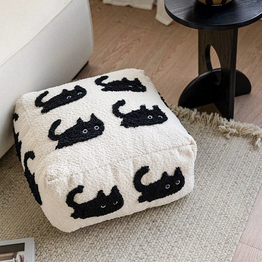 Plush Cat Embroidered Plush Pouf Black / White