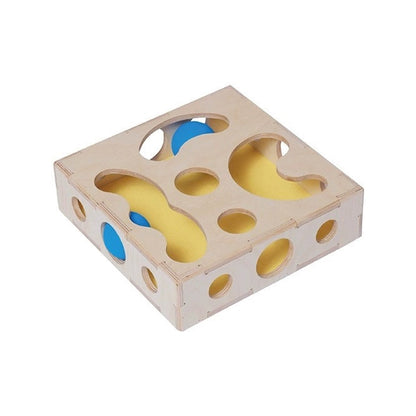 Interactive wooden cat toy box tracks balls