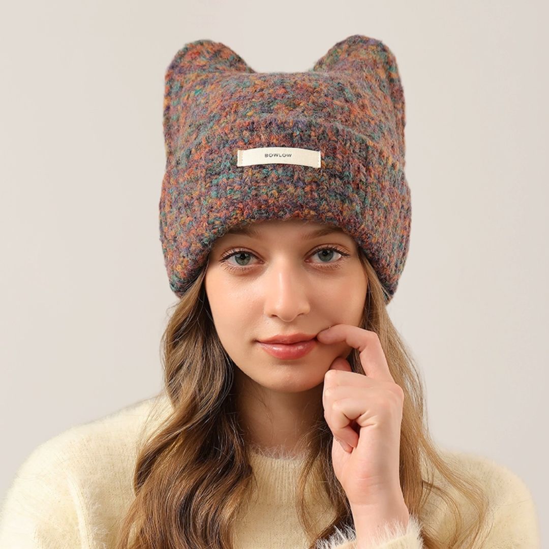 Knitted Cat Ear Beanie – Purple, Orange, Beige, & Grey – Petites Paws
