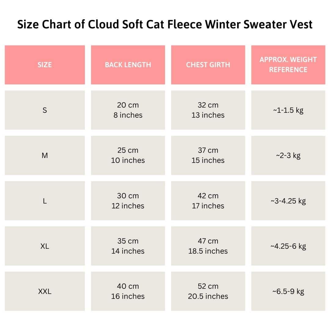 Cloud Soft Cat Fleece Winter Sweater Vest Size chart