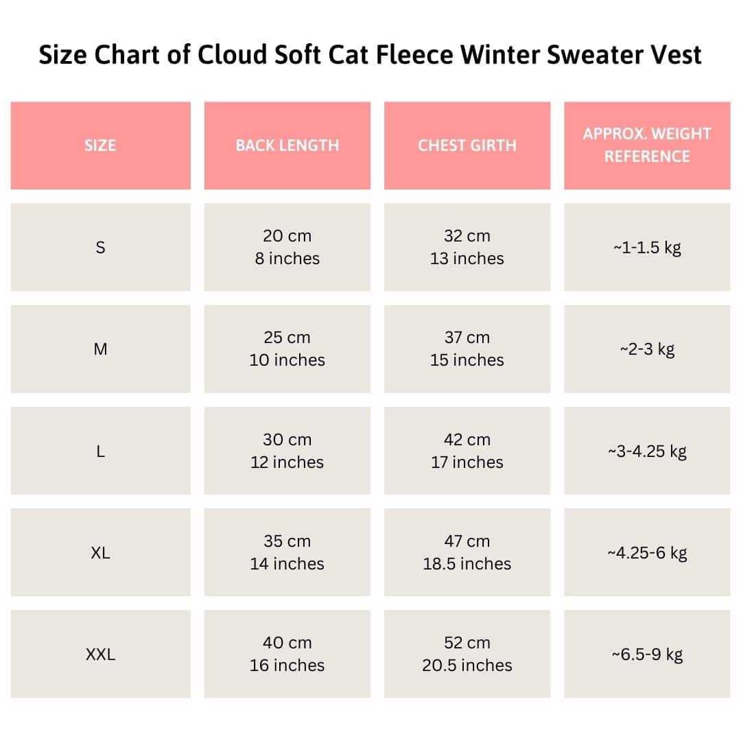 Cloud Soft Cat Fleece Winter Sweater Vest  Size chart