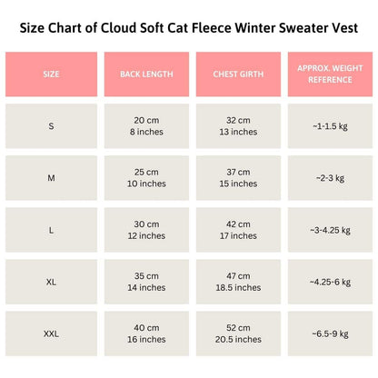 Cloud Soft Cat Fleece Winter Sweater Vest  Size chart