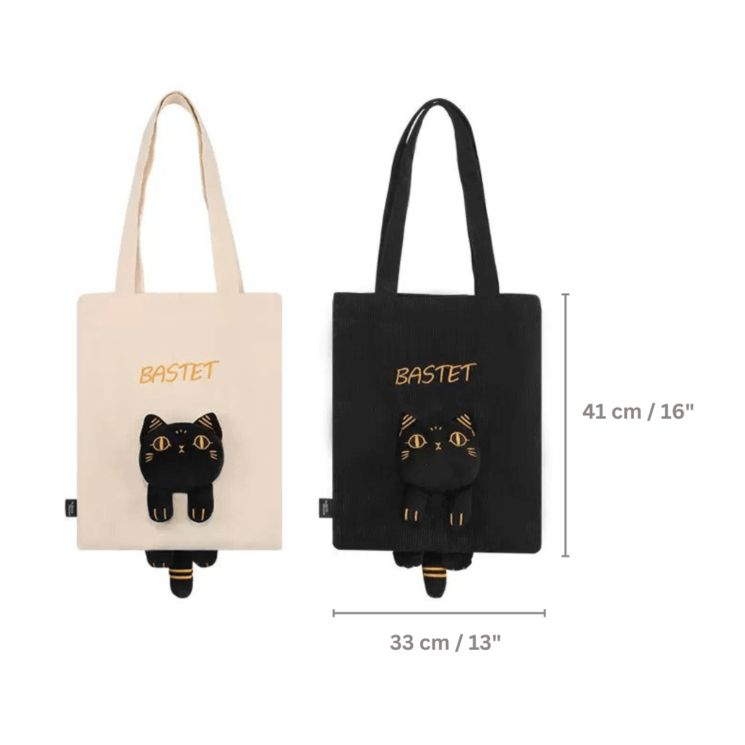 Plush Bastet Black Cat Companion 3D Tote Bag White Canvas Black Corduroy