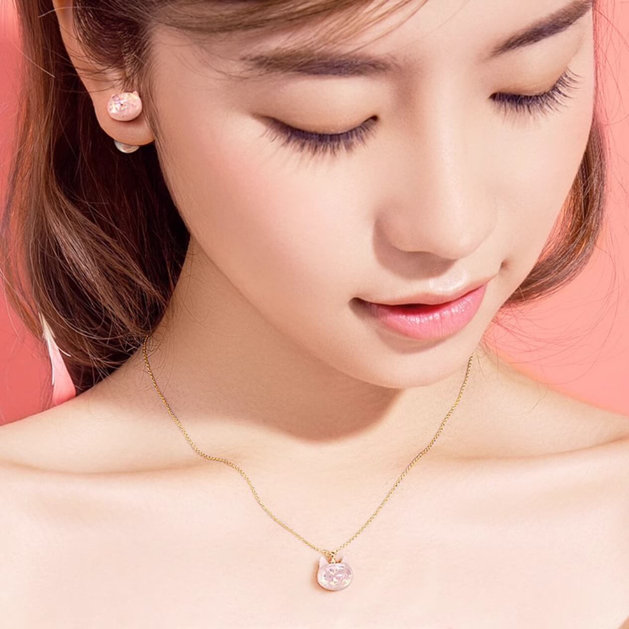 Japanese Pink Shimmering Iridescent Cat Necklace Pendant