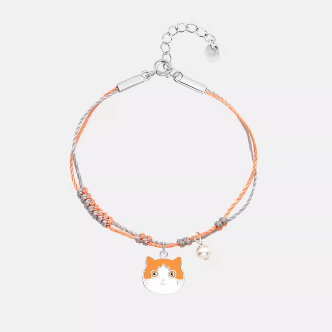 Orange Knotted Cord Bracelet with Ginger Cat Silver Cute Cat Charm