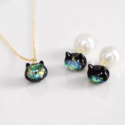 Iridescent Cat Necklace & Earrings Set