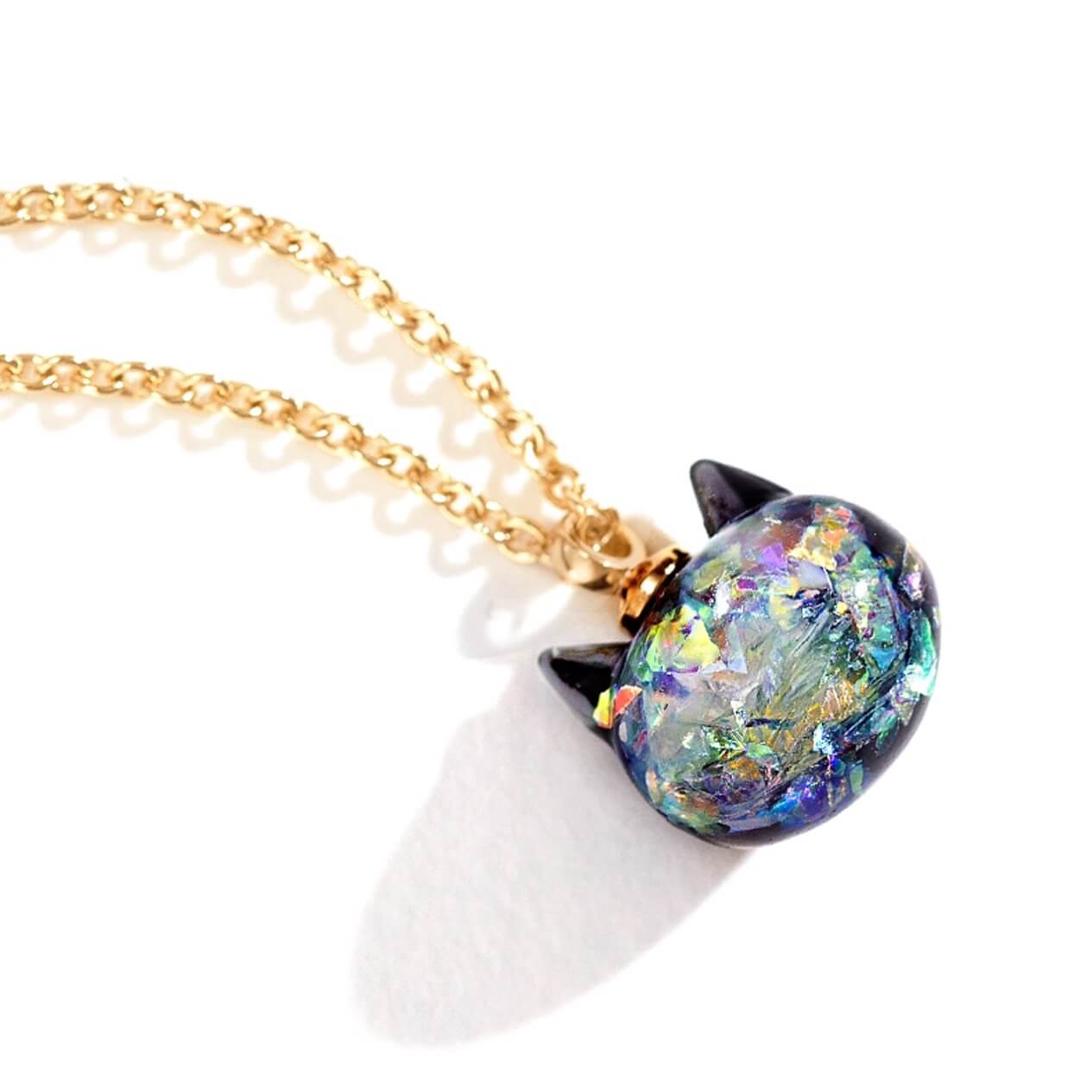 Japanese Black Shimmering Iridescent Cat Necklace Pendant