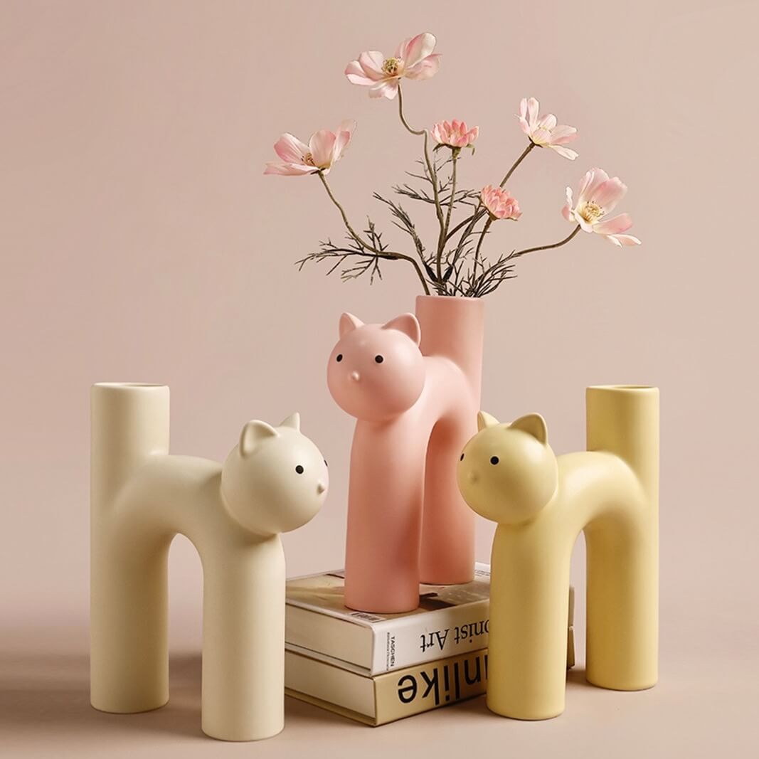 Ceramic Cat Flower Vase white yellow pink