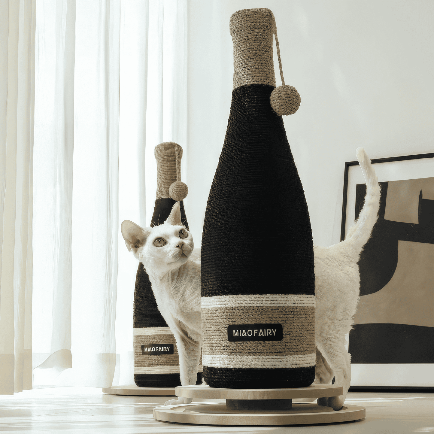 Devon Rex cat standing beside a stylish wine bottle cat scratching post with sisal rope and interactive base, in a modern sunlit room.