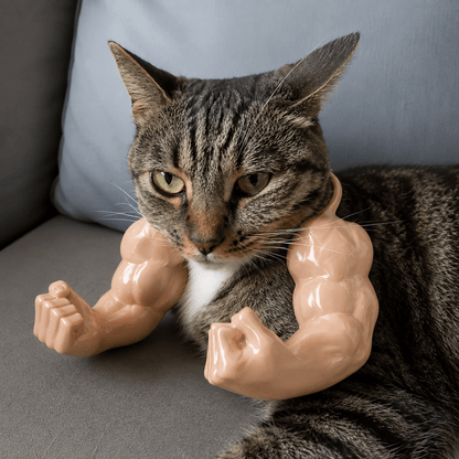 Tabby cat wearing the beige Buff Cat Muscle Arms Costume with oversized biceps and clenched fists while sitting on a sofa.