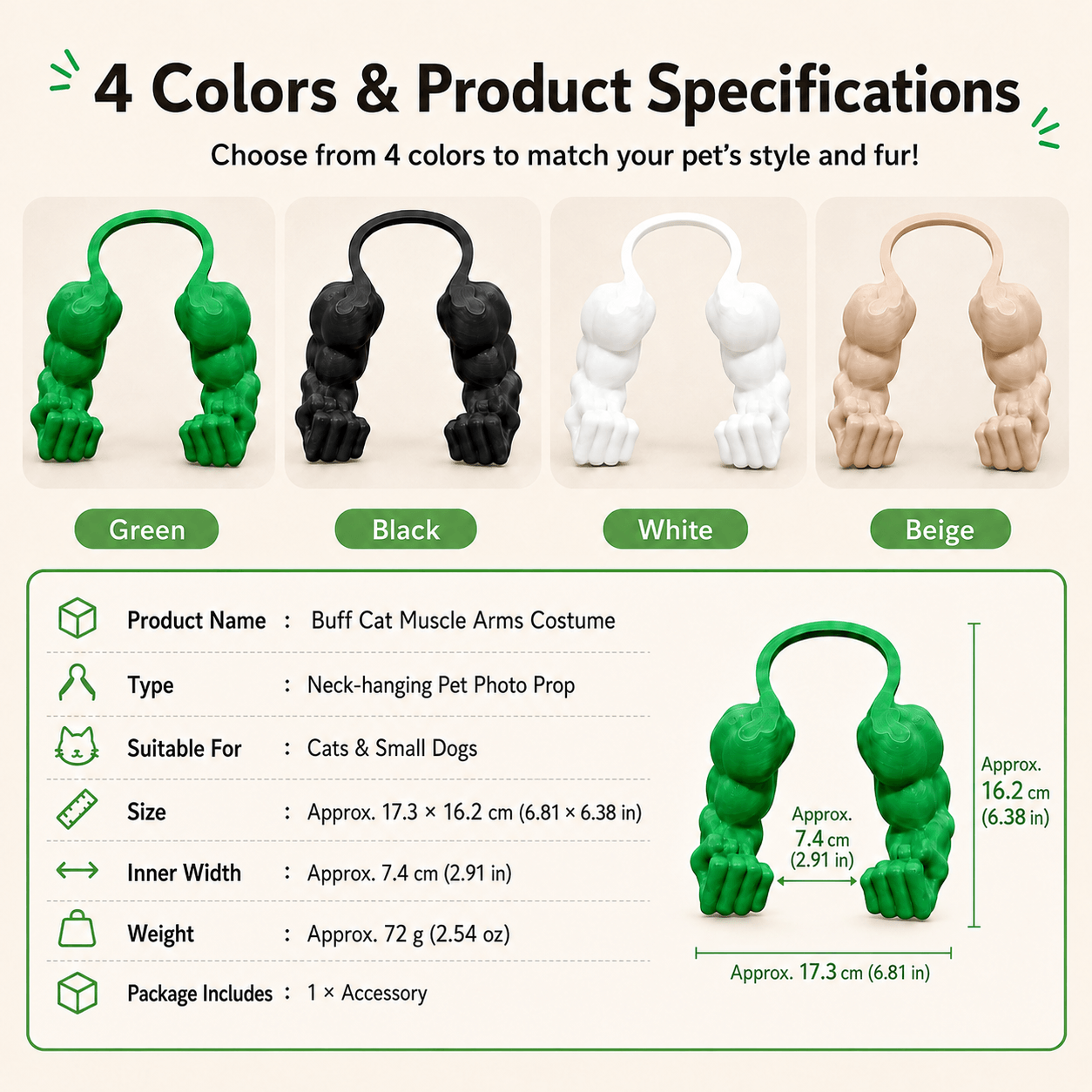 Buff Cat Muscle Arms Costume shown in Green, Black, White and Beige with product dimensions and specifications.