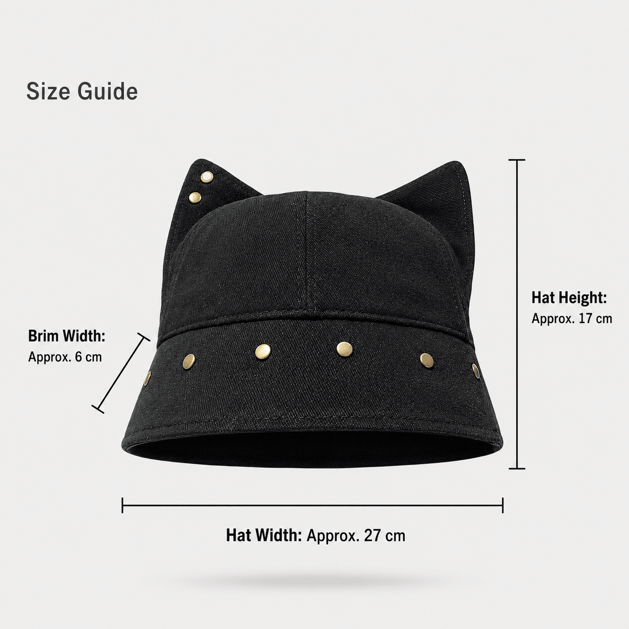 Cat ear bucket hat size guide showing approximately 27 cm width, 17 cm height and 6 cm brim width.