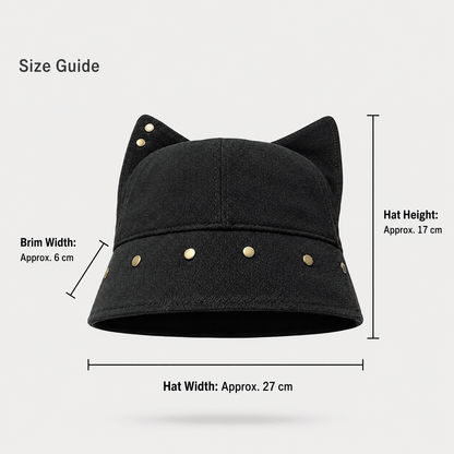 Cat ear bucket hat size guide showing approximately 27 cm width, 17 cm height and 6 cm brim width.