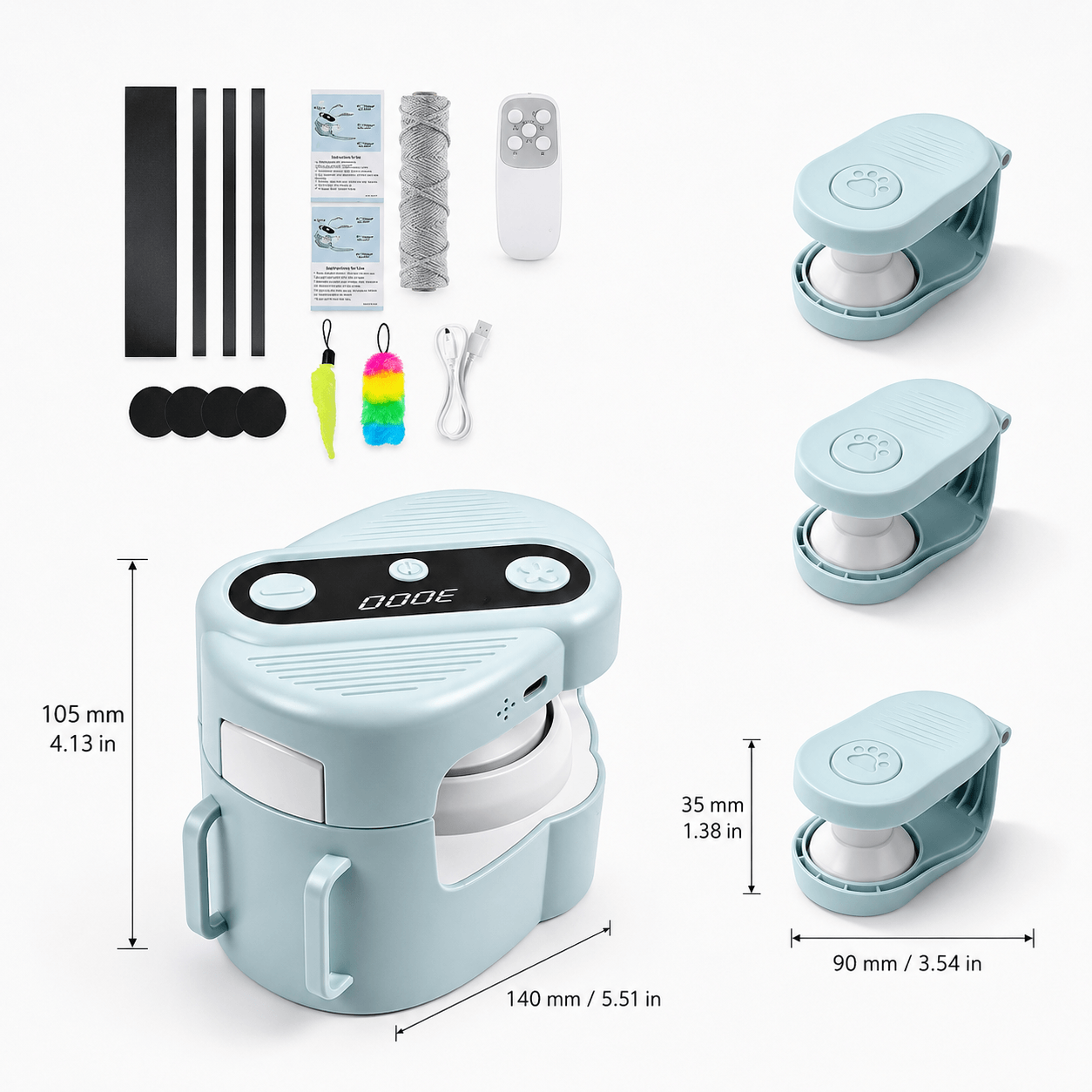 Chase Course Interactive Cat Toy with included accessories, pulley modules and product dimensions.