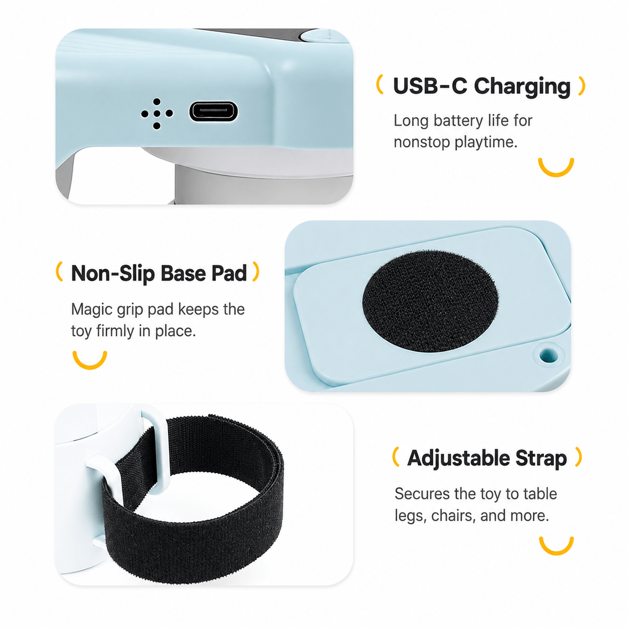 Close-up of the Chase Course Interactive Cat Toy featuring USB-C charging, non-slip mounting pad and adjustable furniture strap.