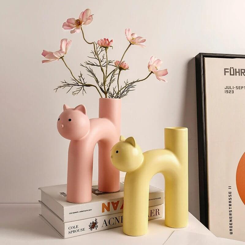 Ceramic Cat Flower Vase yellow pink