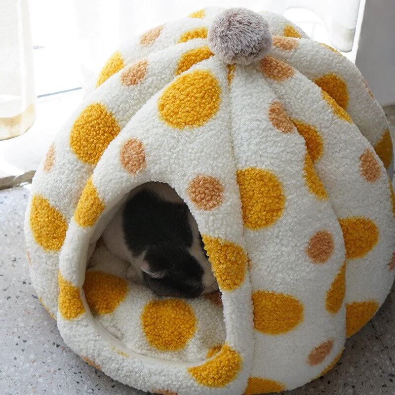 Pumpkin Polka Dot Fleece Cat Winter Bed 