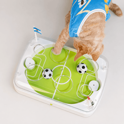 Cat reaching through play openings to chase moving soccer balls inside an interactive soccer cat toy
