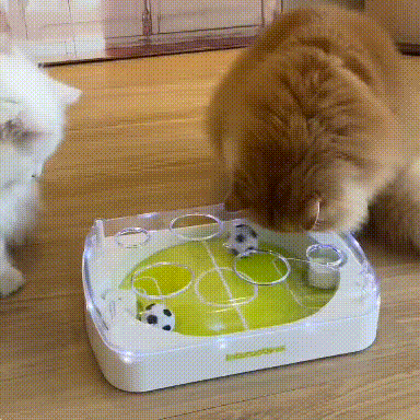 Animated demonstration of the Goal Chaser Interactive Soccer Cat Toy with moving soccer balls and active cat play