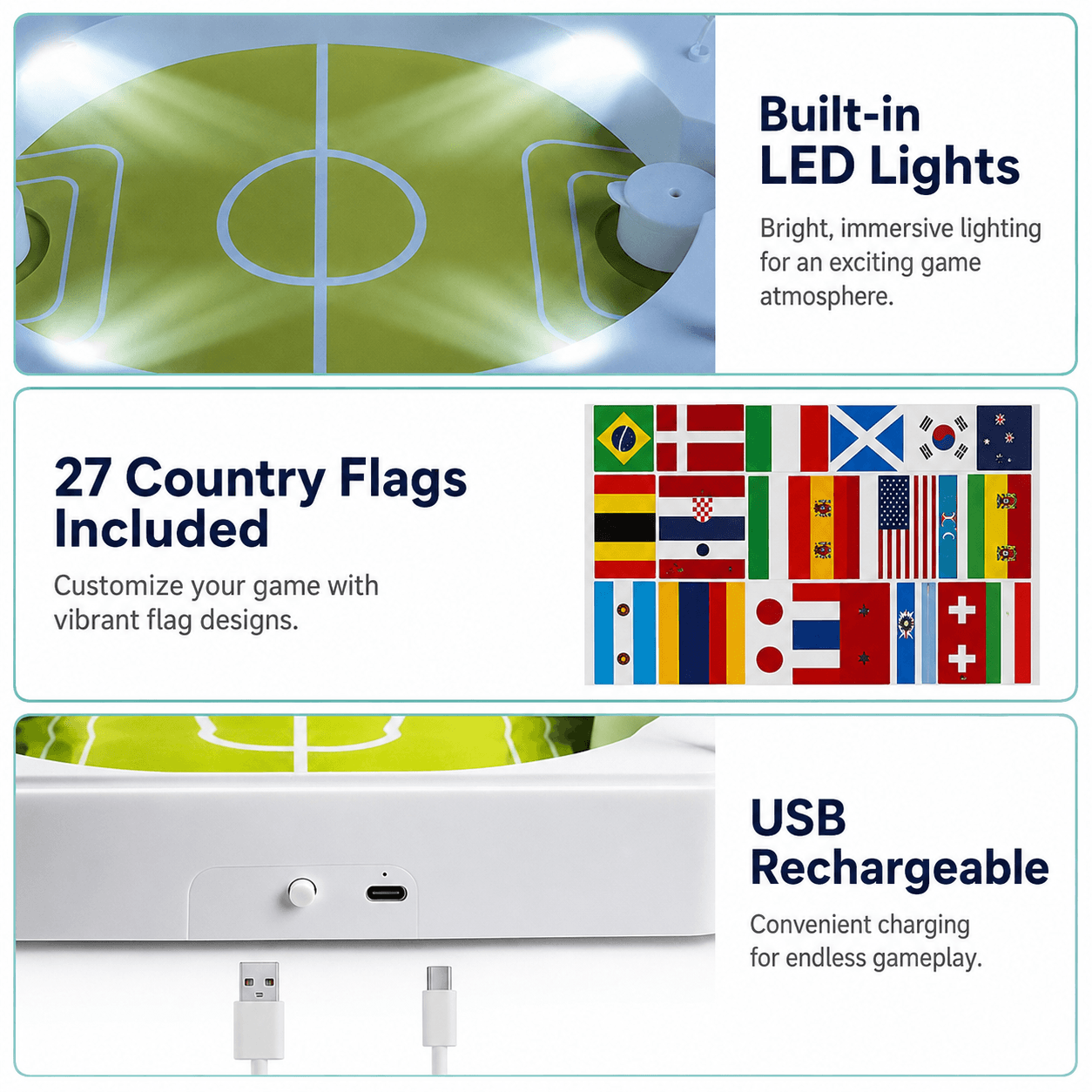Interactive soccer cat toy featuring LED lights, USB rechargeable design, and interchangeable country flags