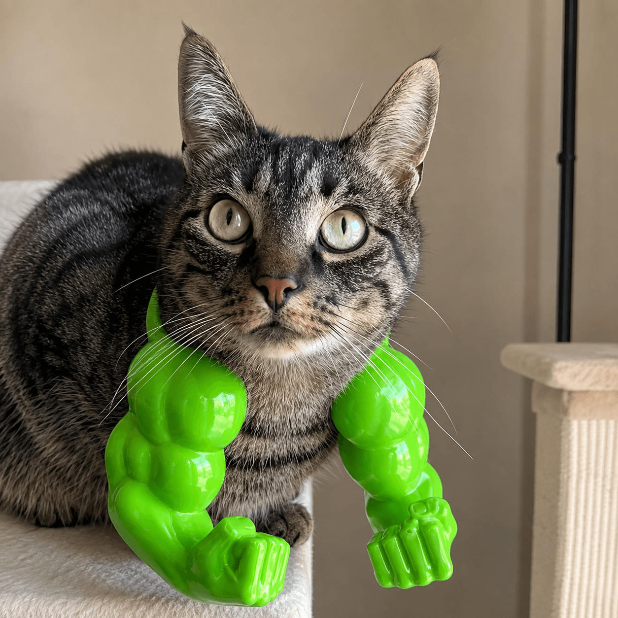 Front view of a tabby cat wearing a green bodybuilder muscle costume with large sculpted arms and fists.