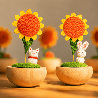 Japanese handmade sunflower ornaments featuring a white cat and rabbit, crafted with kimono silk fabric.