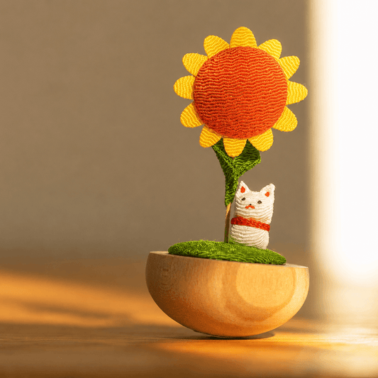 Japanese Handmade Sunflower Cat Ornament crafted with kimono silk fabric on a wooden rocking base.
