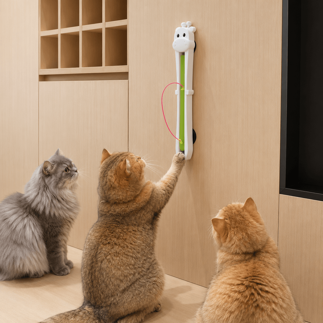 Three indoor cats chasing the moving string on a wall-mounted interactive cat toy.