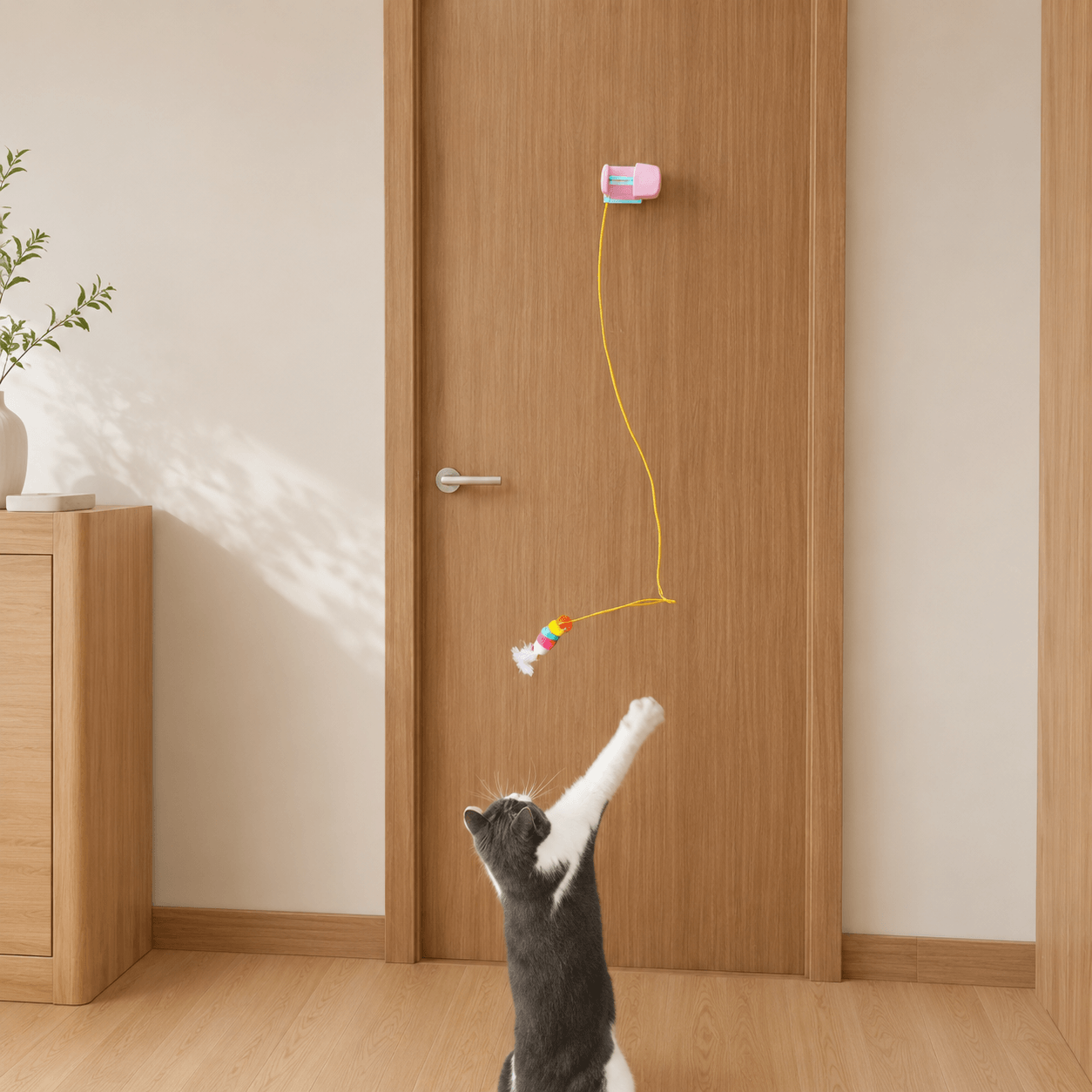 Vertical Hunt automatic hanging cat toy with moving feather teaser encouraging indoor cat exercise and interactive hunting play