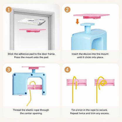 How to install the Vertical Hunt automatic hanging cat toy on a door frame with adhesive mount and hanging teaser