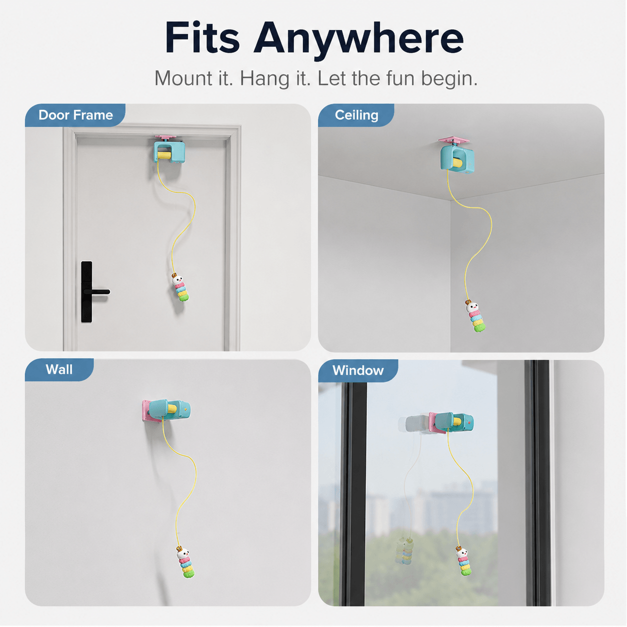 Automatic hanging cat toy with door frame, ceiling, wall and window mounting options for indoor cat enrichment