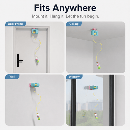 Automatic hanging cat toy with door frame, ceiling, wall and window mounting options for indoor cat enrichment