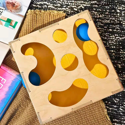 Interactive wooden cat toy box tracks balls